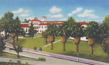 A postcard depicts the Loma Linda Sanitarium and Hospital, circa 1920s.